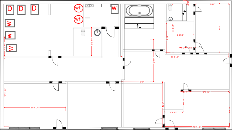 Existing conditions floor plan — upper level layout with dimensions and fixture placements