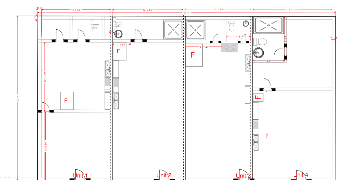 Existing conditions floor plan — lower level unit layout with dimensions